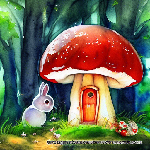 住在蘑菇房子里的兔子，红色蘑菇房子