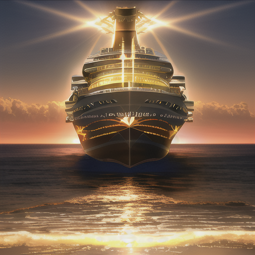 海边的夕阳余晖，巨大的轮船，星光，邮轮，豪华游轮，轮船